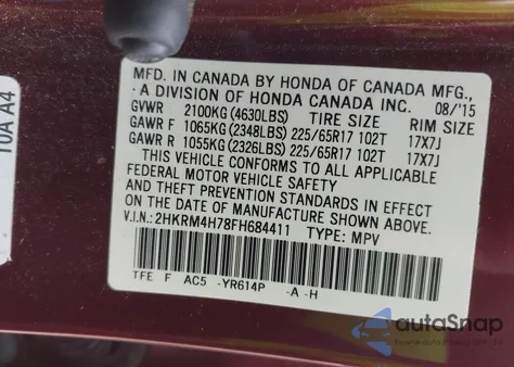 2015 Honda Cr-V Ex-L from USA, damaged, VIN 2HKRM4H78FH684411
